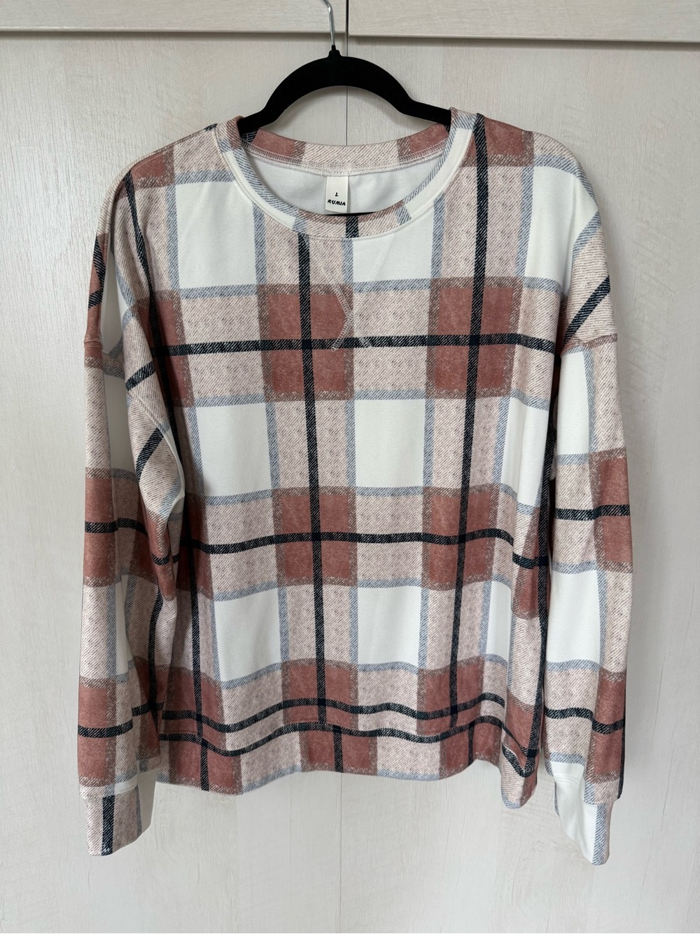 Cozy Plaid Long-Sleeve Top Rust/White Size L